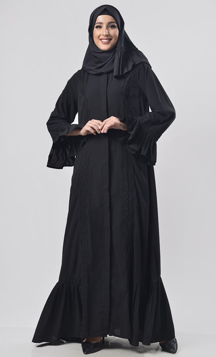 Black Frill And Intricate Lace Detailing Abaya