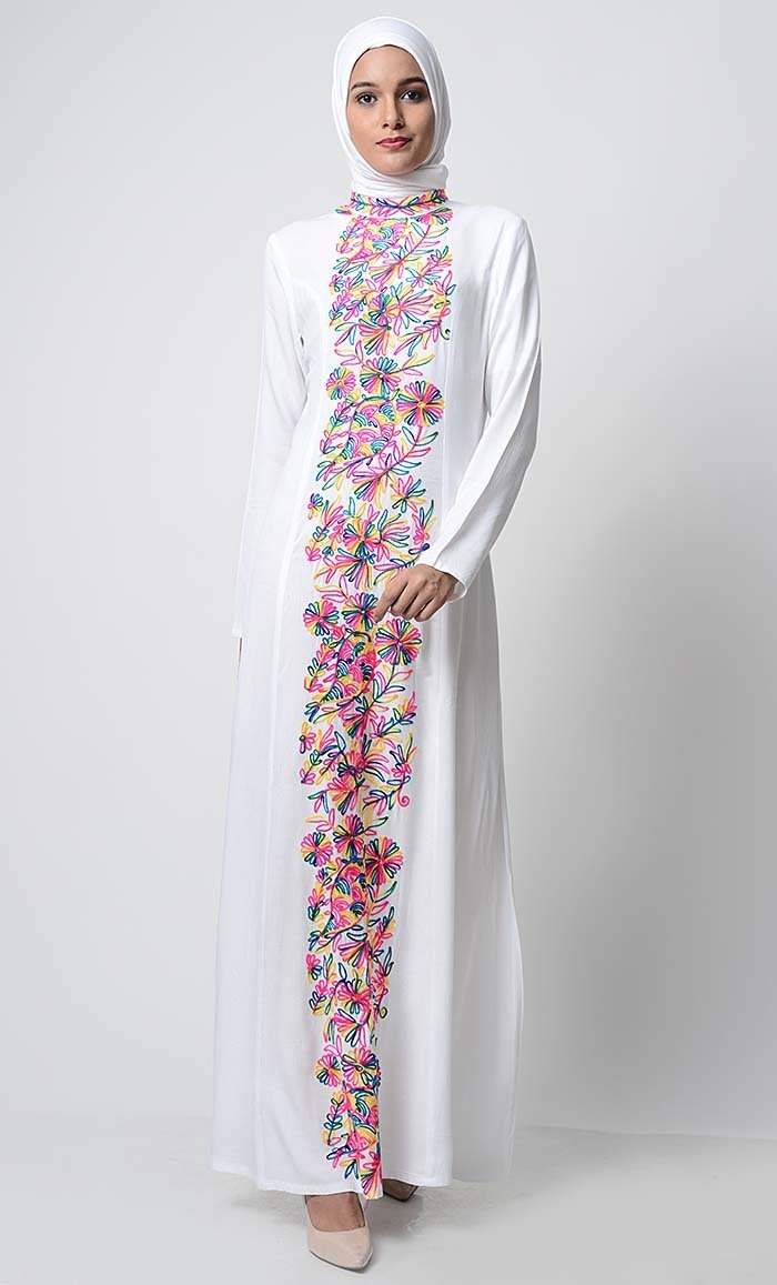 Multi-Color Thread Embroidered Abaya-White