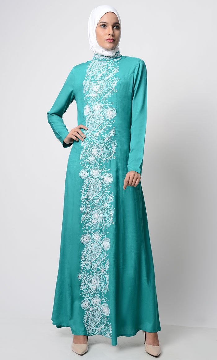 White-Color Thread Embroidered Abaya-Teal