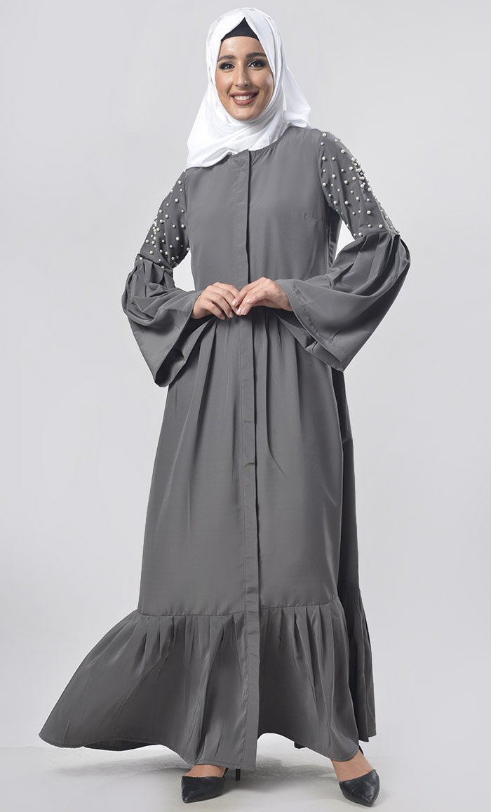 Beautiful Intricate Beads Abaya With Gathers On Bottom