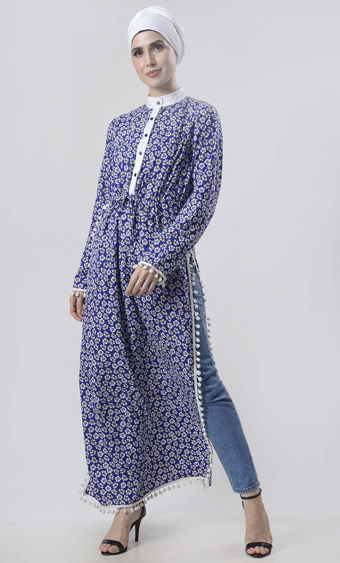 Beautiful Blue Anemone Floral Printed Abaya