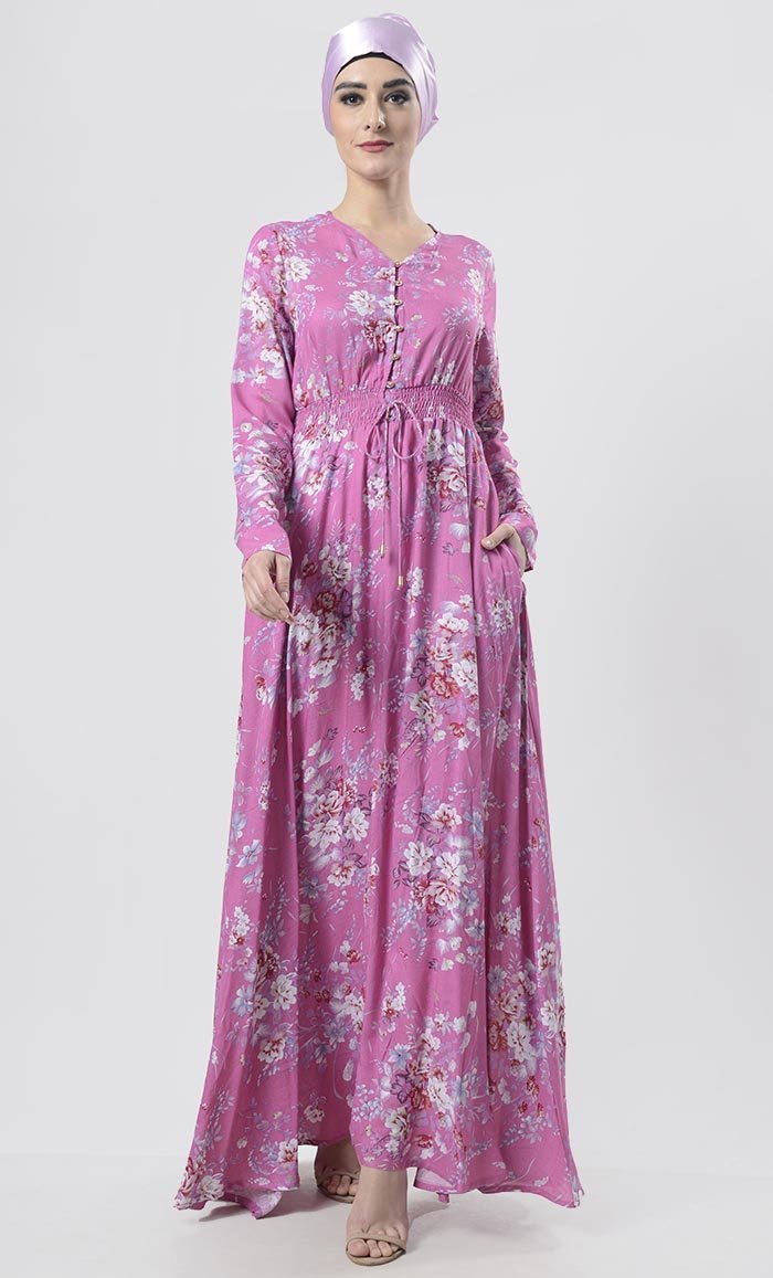 Pretty Pink Smocked Detailing Floral Abaya