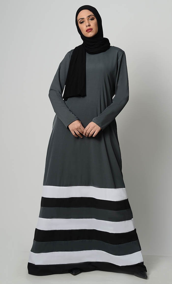 Multicolor Tier Matched Lining Abaya-Grey