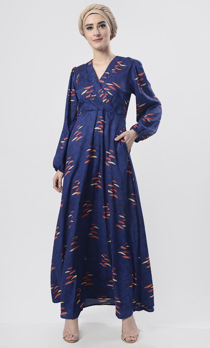 Navy Blue Multi-Color Shell Printed Abaya