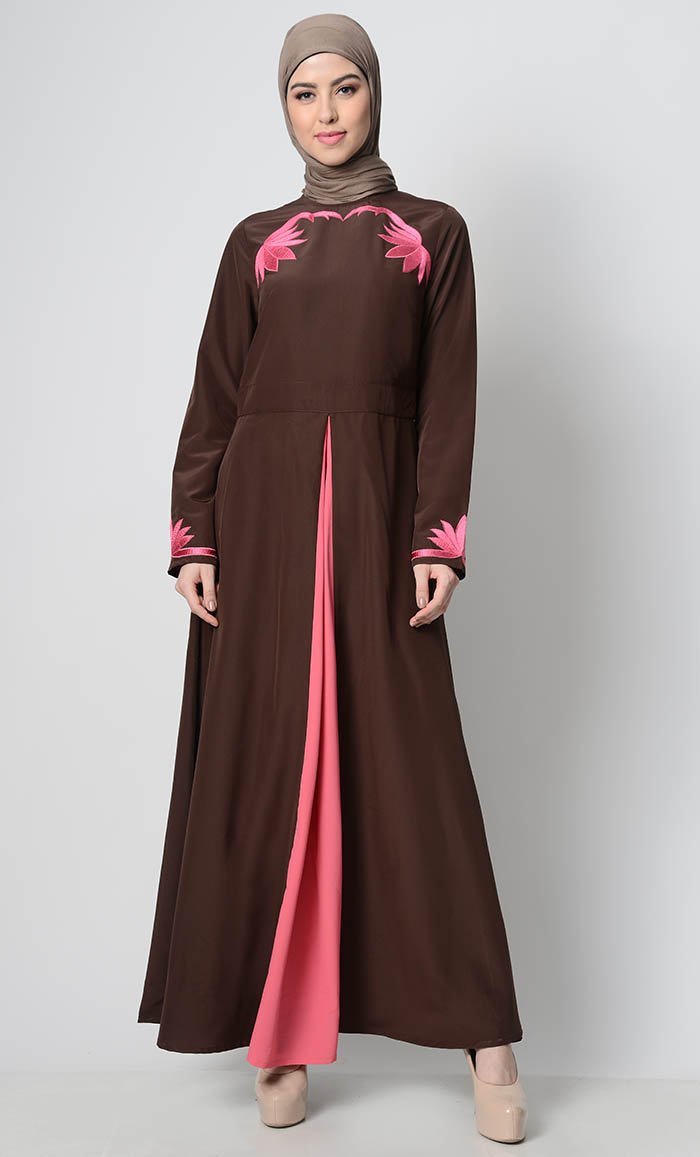 Contrast Embroidered Grace Abaya-Brown