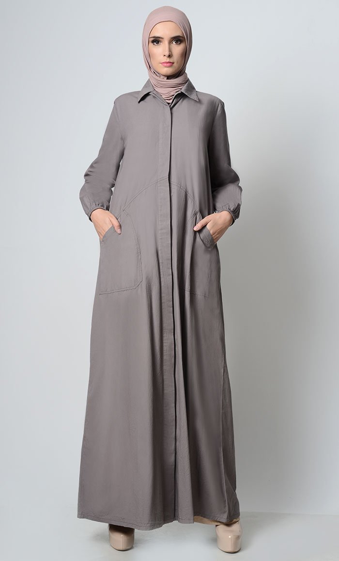 Stylish Button Down Abaya-Grey