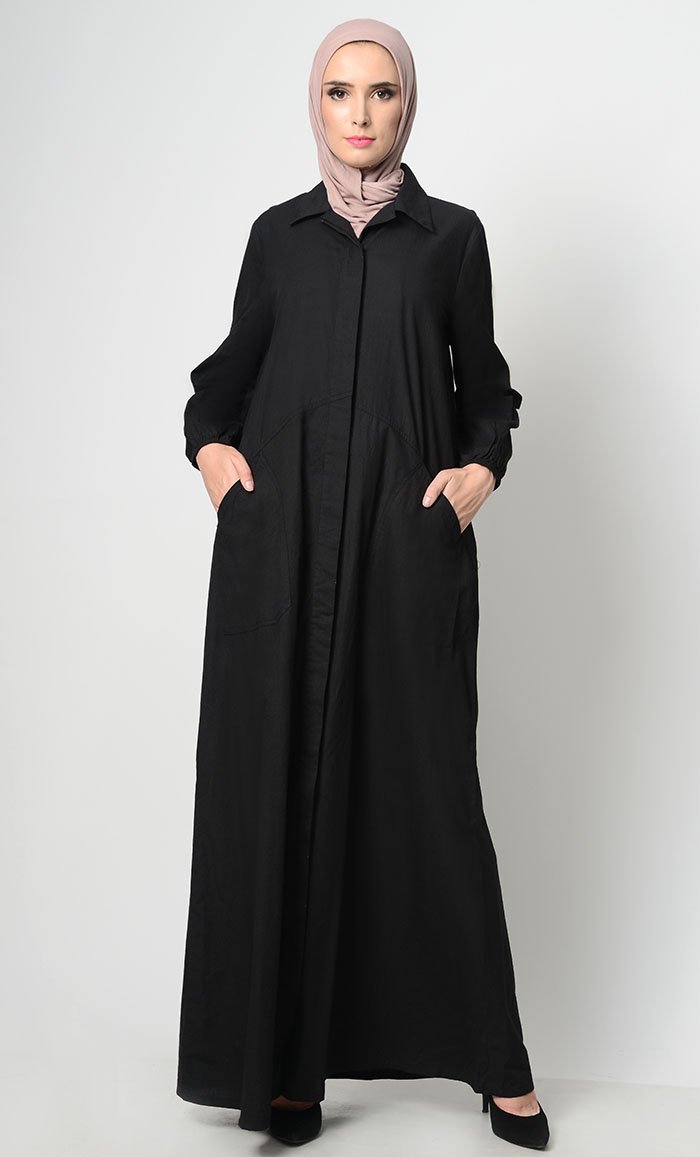 Stylish Button Down Abaya-Black