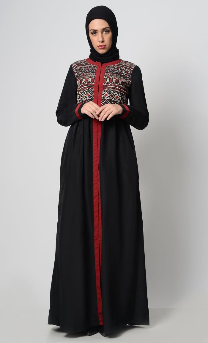 Ancient Motif Embroidered Abaya-Black