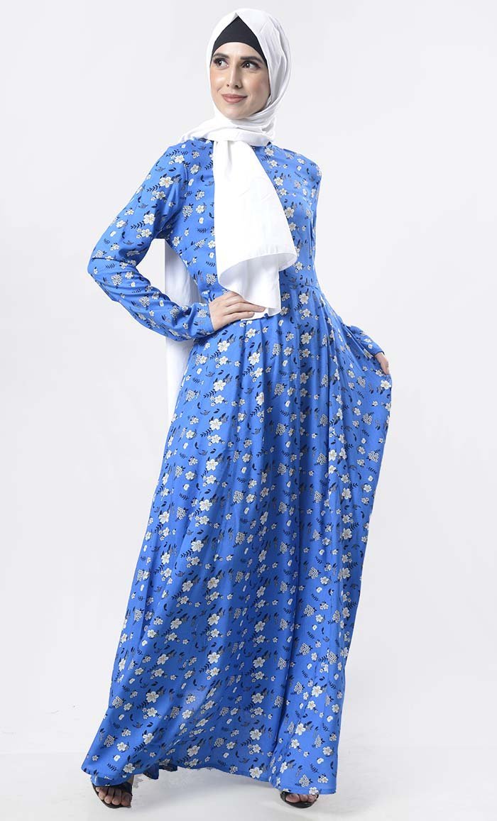 Pretty Blue White Floral Printed Abaya