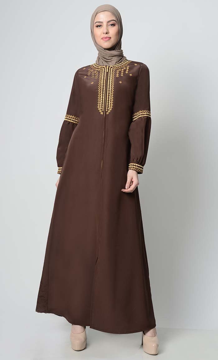 Geometric Embroidered Abaya-Brown