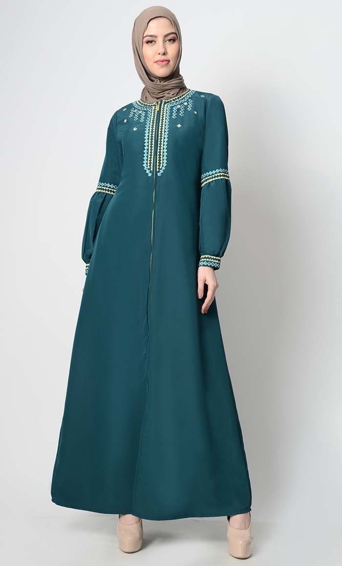 Geometric Embroidered Abaya-Teal