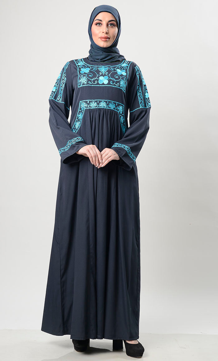 Sky Blue Embroiderey  Abaya With Pockets