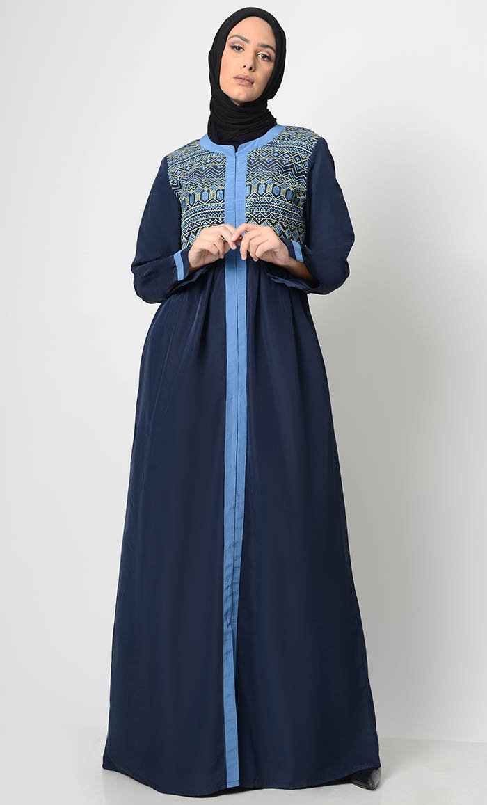 Ancient Motif Embroidered Abaya-Navy