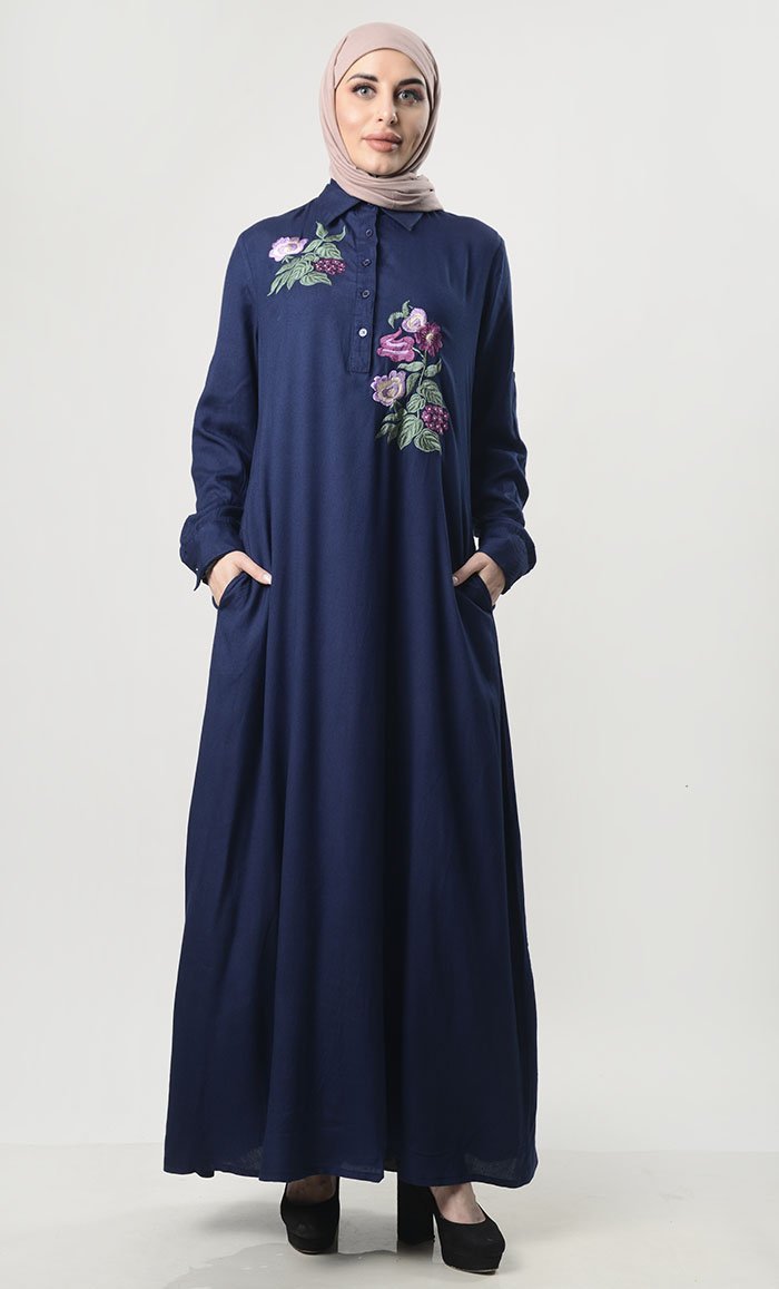 Multi-Color Thread Embroidered Rayon Abaya With Pockets