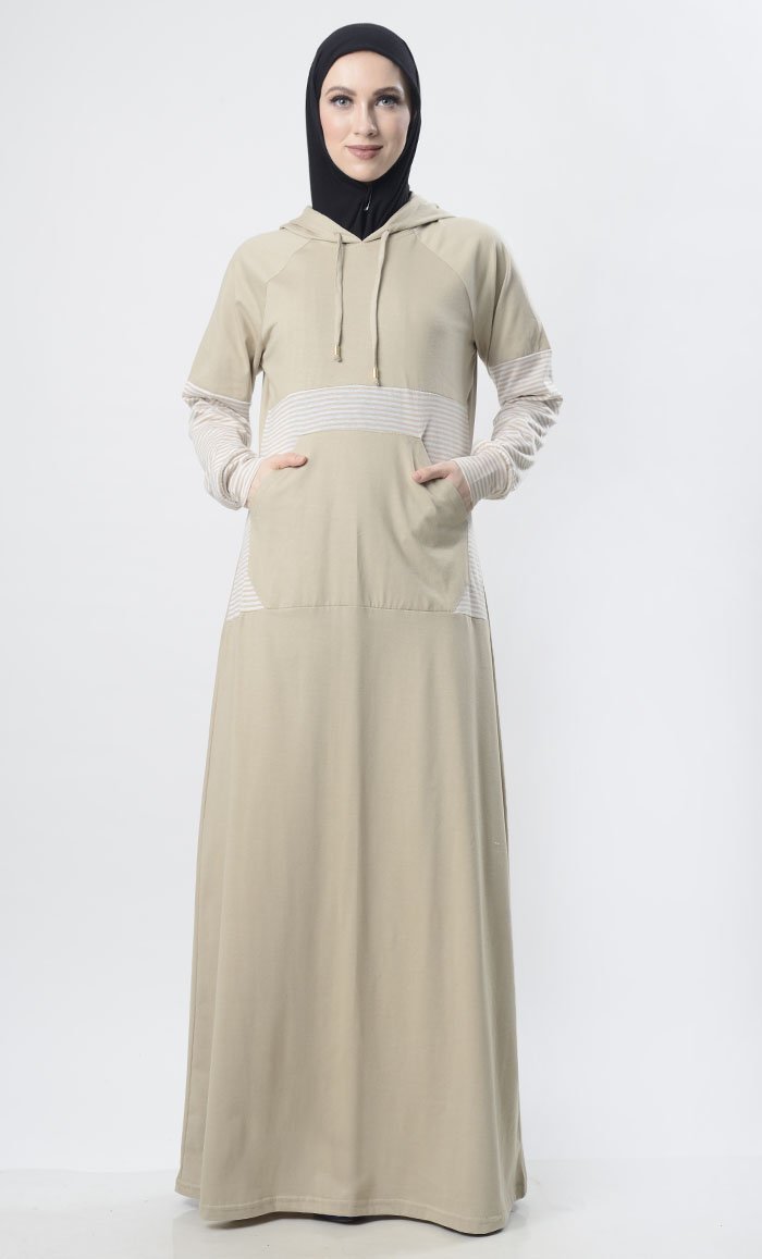 Sand Hooded Abaya With Front Pocket