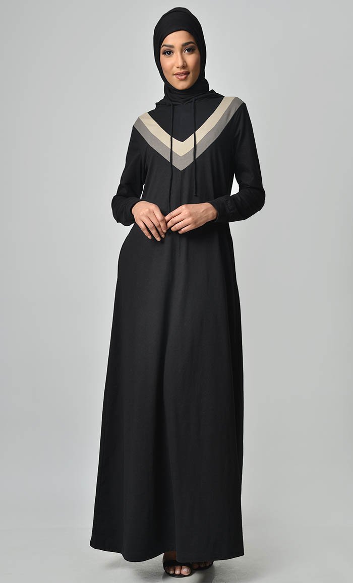 Inverted Color Contast Jersey Abaya-Black