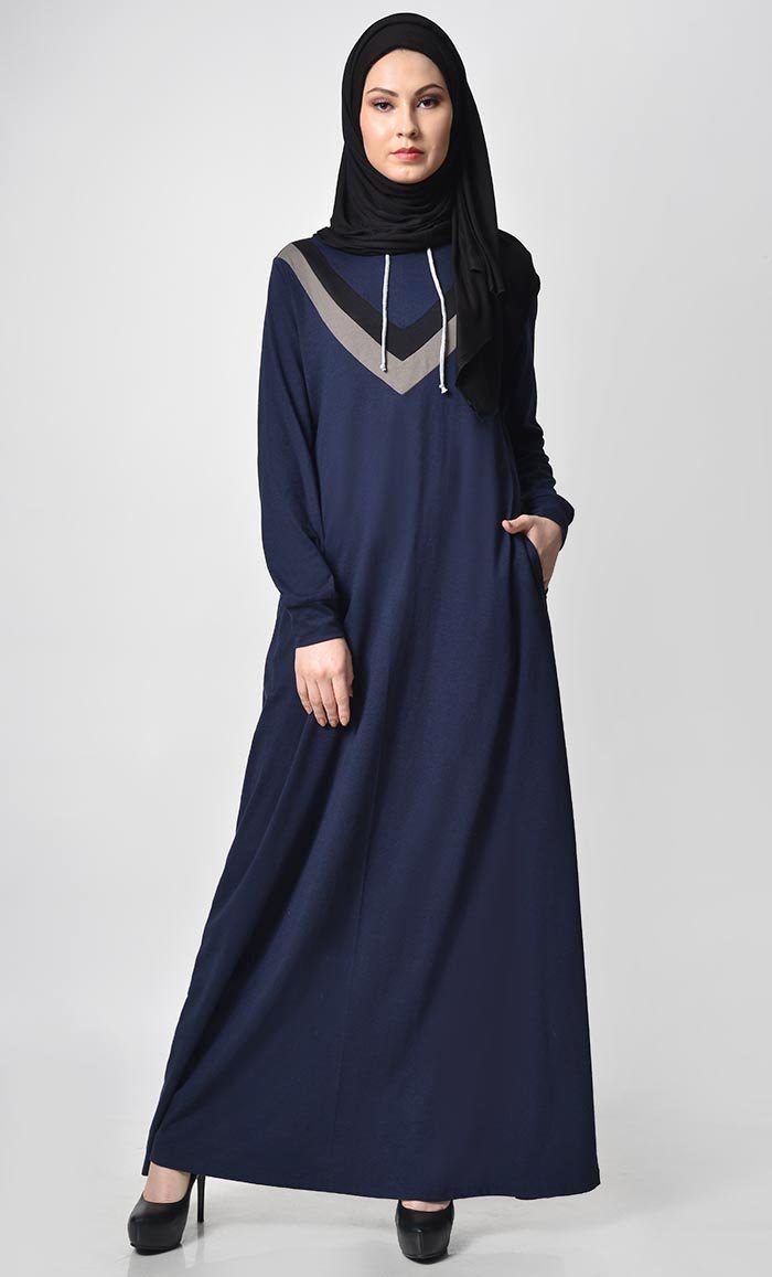 Inverted Color Contast Jersey Abaya-Navy