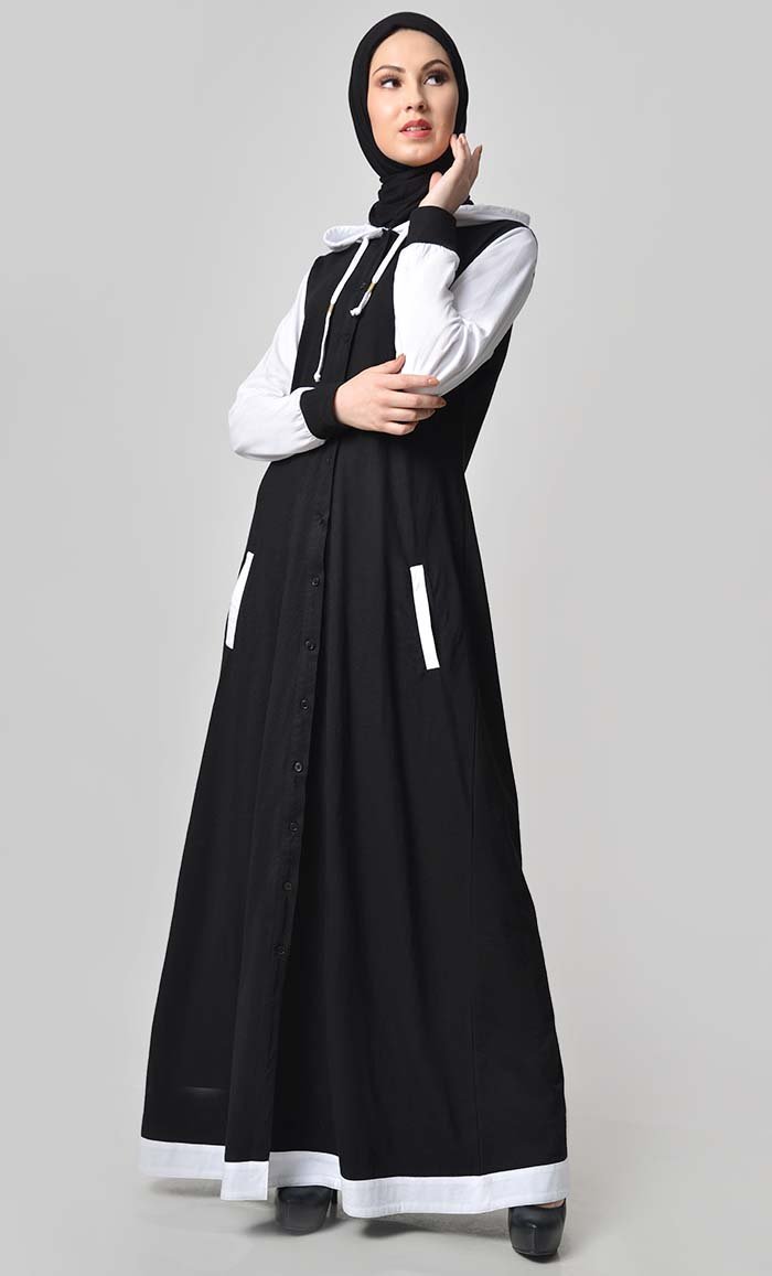 Comfy Hooded Front Open Jersey Abaya - Black