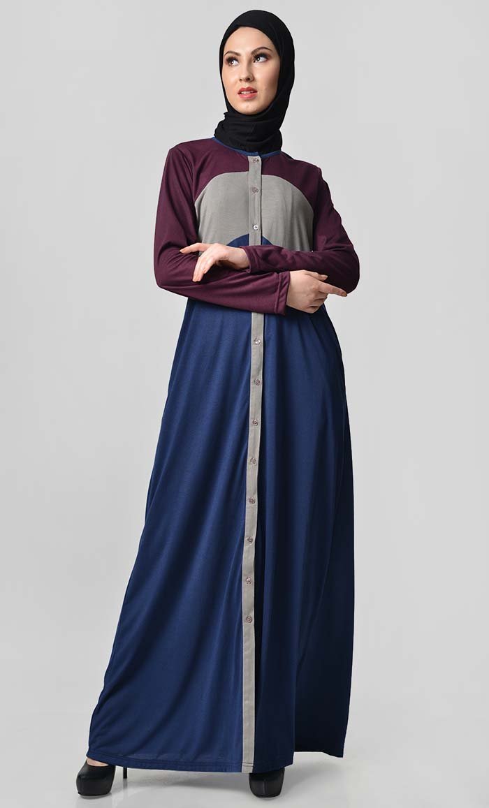 Jersey Tri Color Winter Abaya - Wine + Grey + Navy