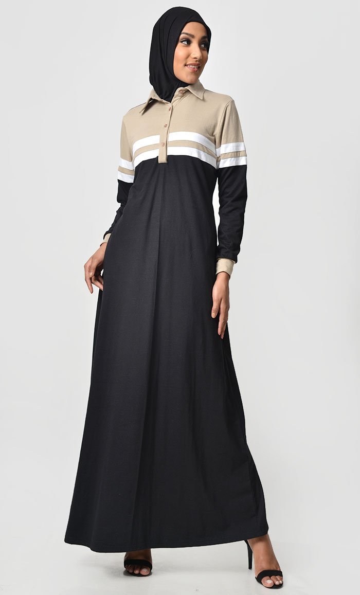 Jersey Stripe Sportswear Abaya-Sand + Black