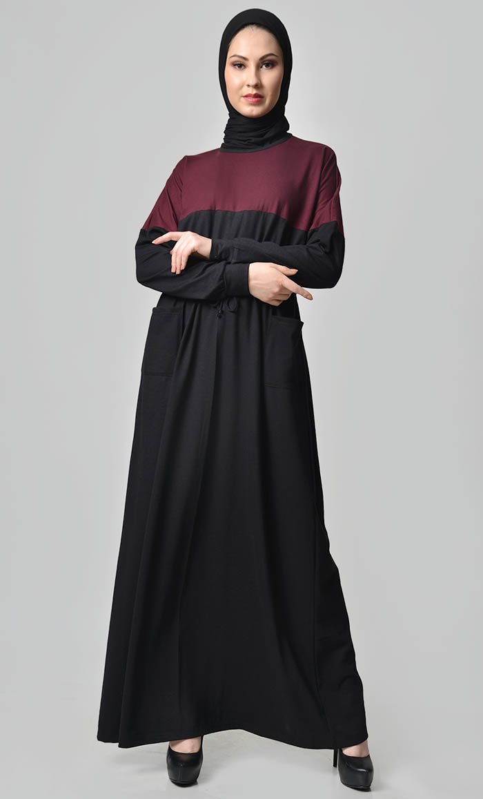 Yoke Colorblocked Jersey Abaya-Maroon