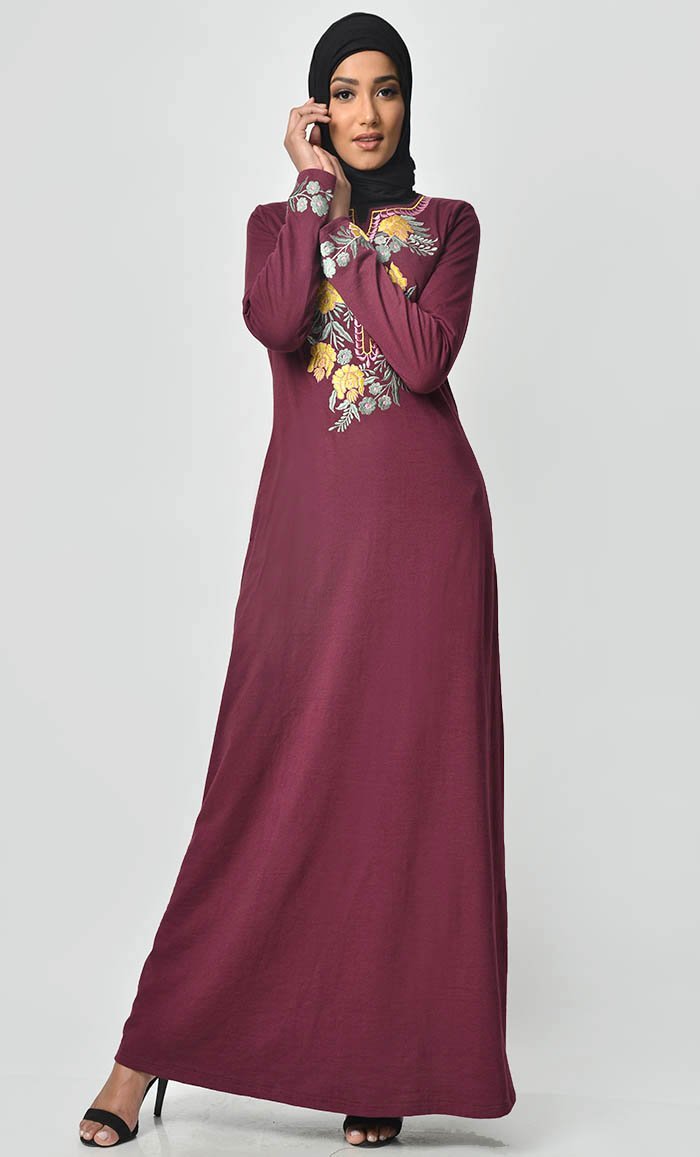 Floral Garden Embroidered Abaya - Maroon