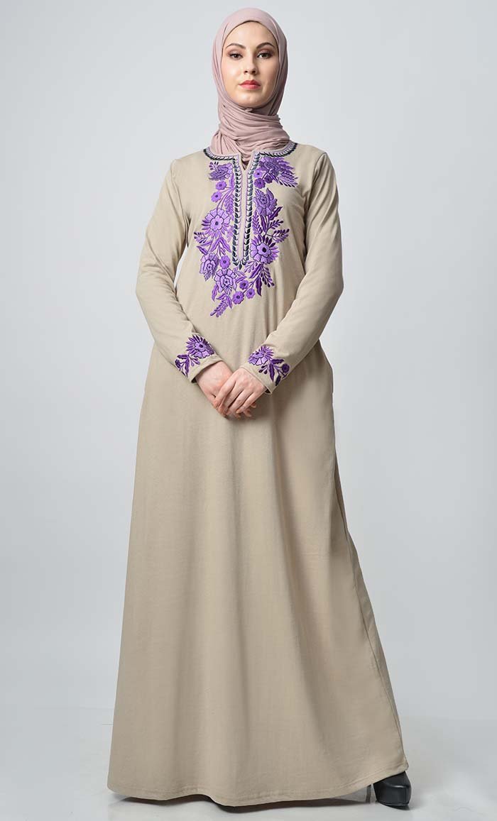 Garden Embroidered Abaya - Sand