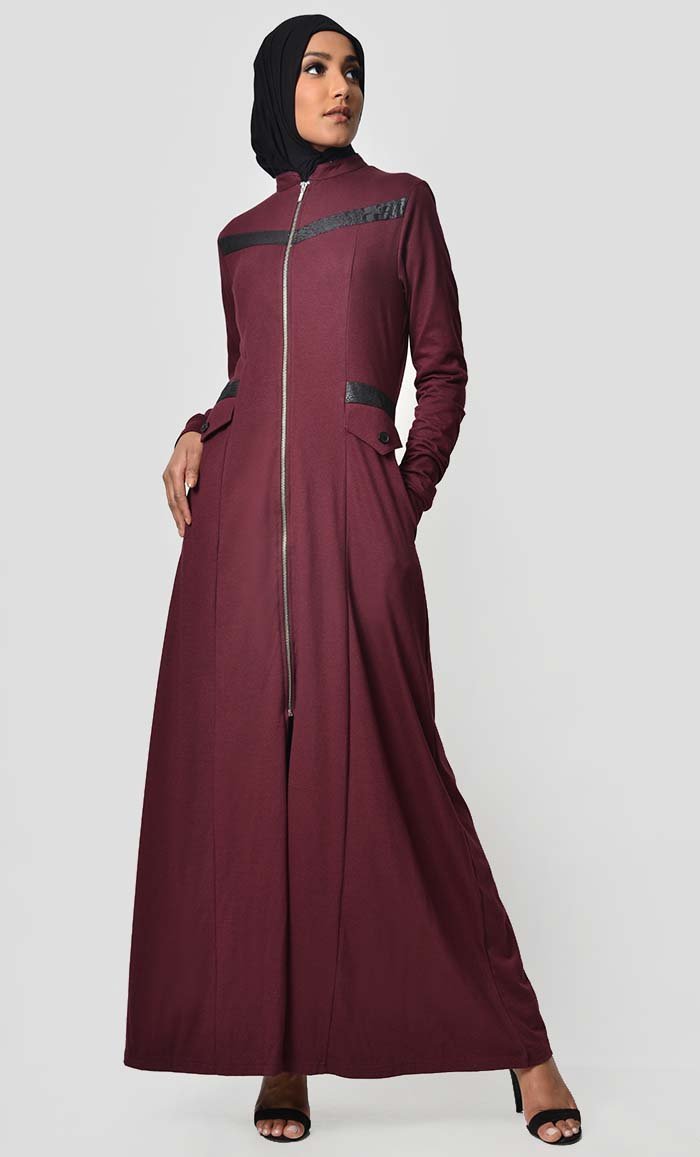 Faux Leather Front Detail Jersey Abaya-Maroon