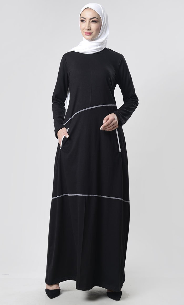 Simple Top Stitch Detailed Abaya With Pockets