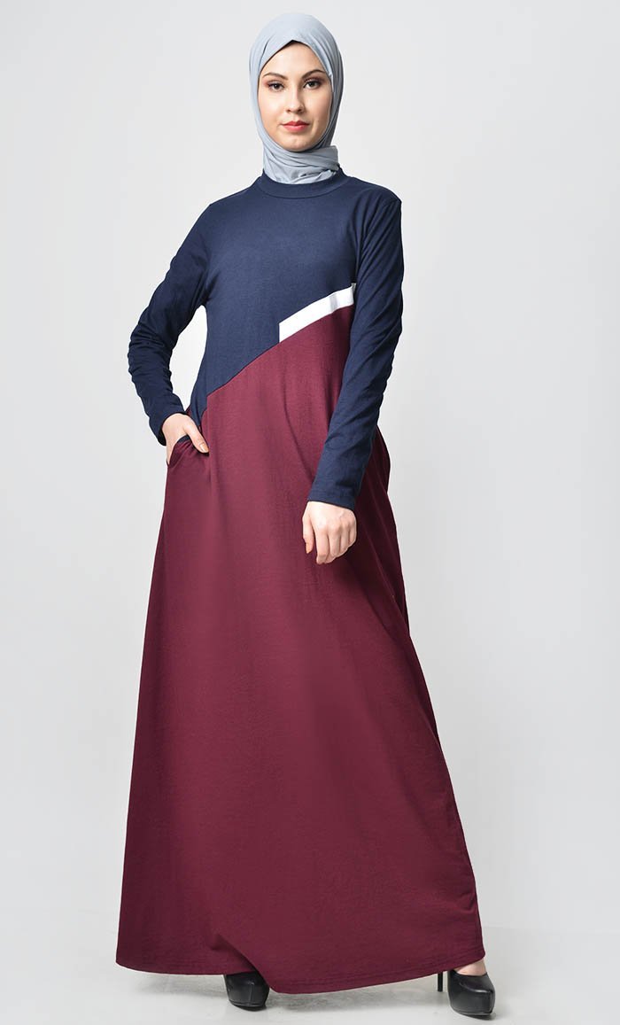 Slashed Colorblocked Jersey Abaya - Maroon Navy