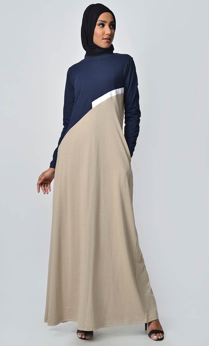 Slashed Colorblocked Jersey Abaya - Sand