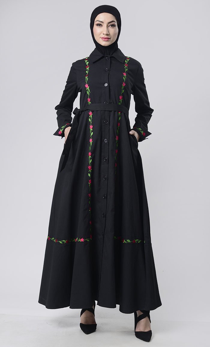 Embroidered Twill Abaya With Pockets