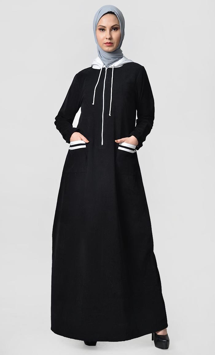 Contrast Stripe & Hood Detail Abaya Dress - Black