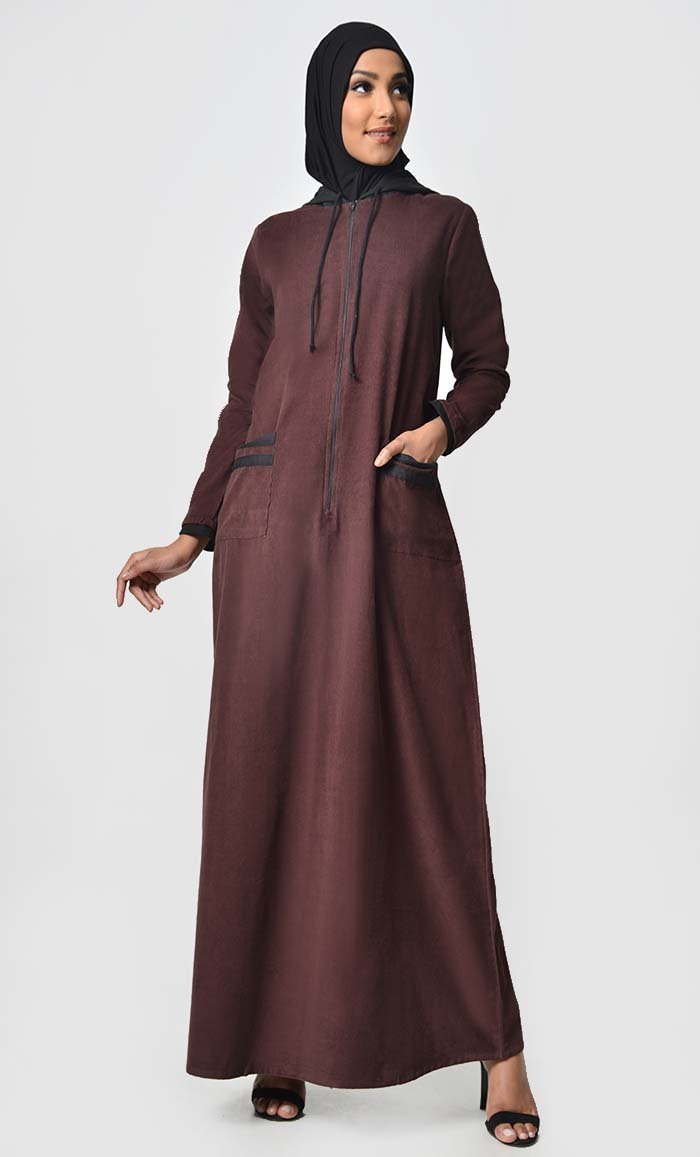 Contrast Stripe & Hood Detail Abaya Dress