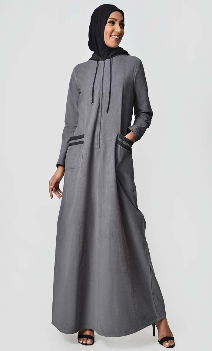 Contrast Stripe & Hood Detail Abaya Dress - Grey