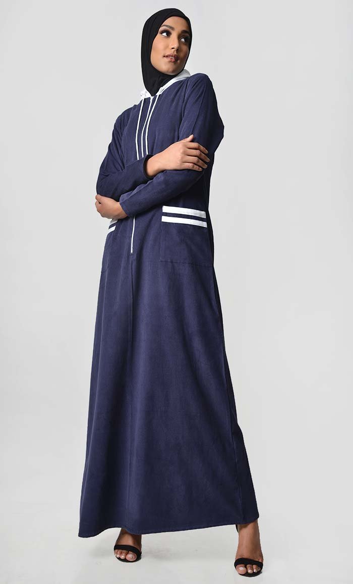 Contrast Stripe & Hood Detail Abaya Dress - Navy