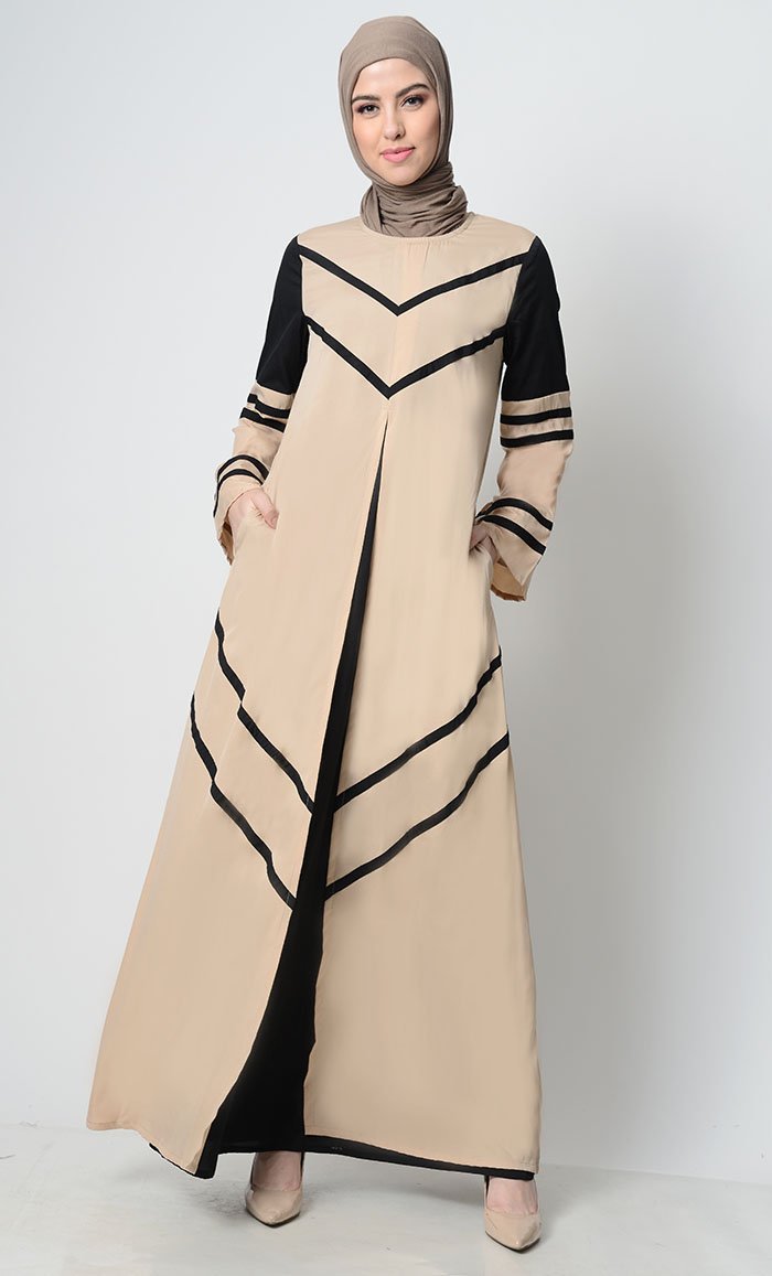 Striped Color Contrast Abaya-Sand