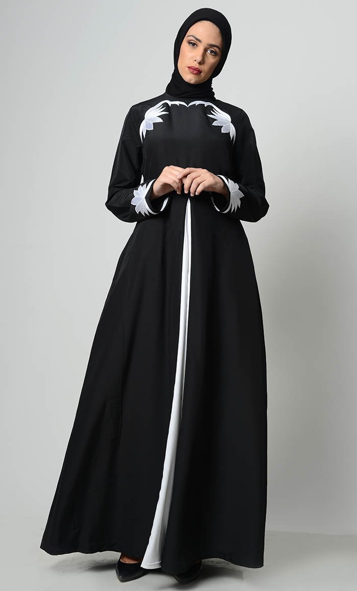 Contrast Embroidered Grace Abaya-Black