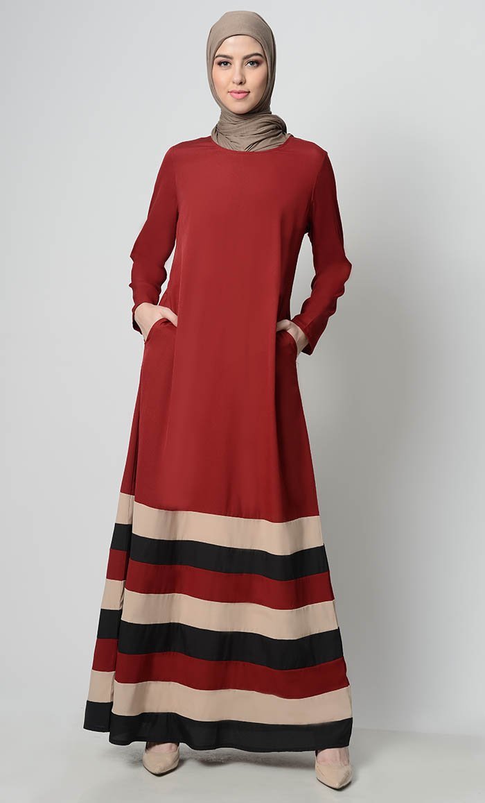 Multicolor Tier Matched  Lining Abaya-Crimson