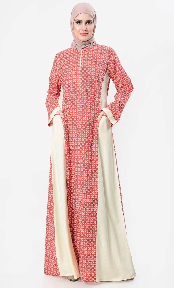 Classic Red Printed With Contrast Front Zipper Abaya