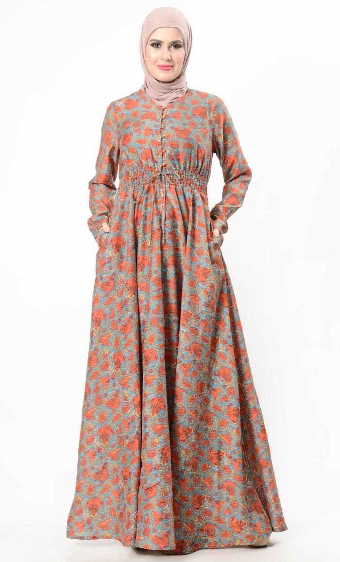 Front Tie-Up Tangy Flower Printed Everyday Abaya