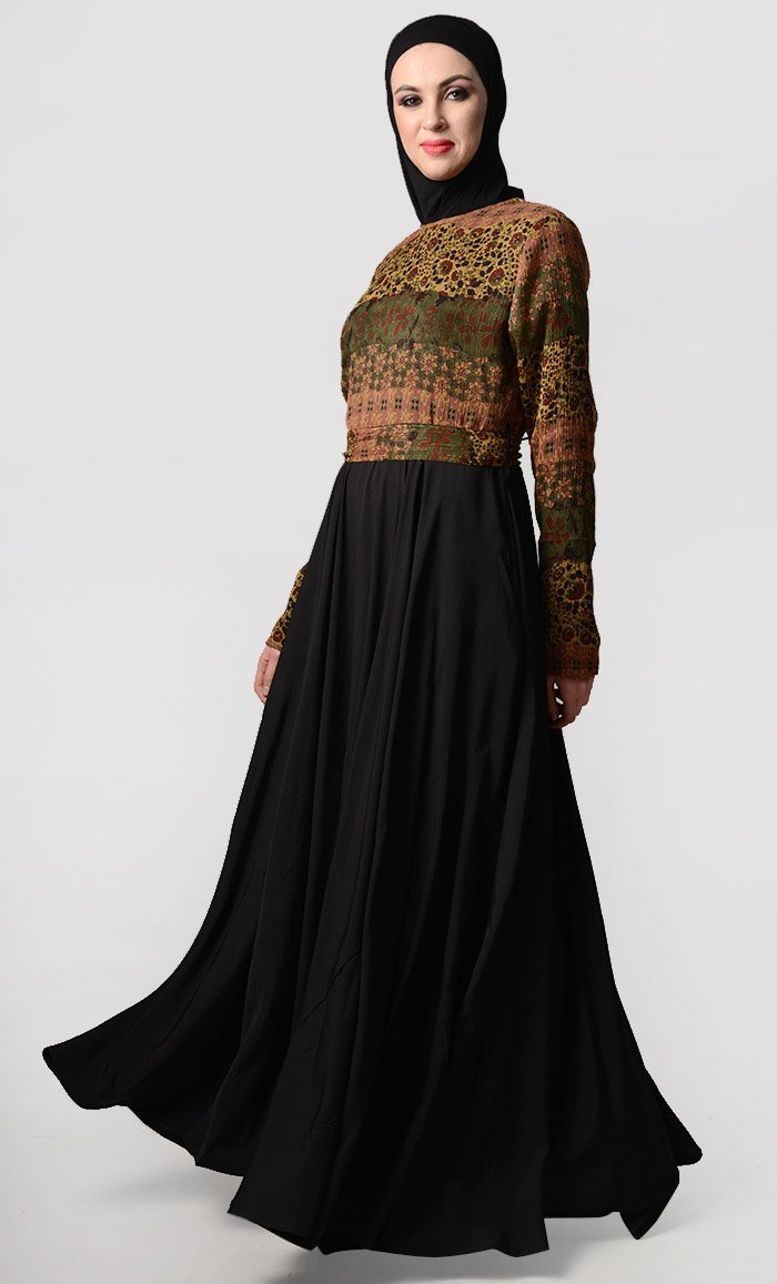 Turkish Style Multi Print Everyday Abaya-Black