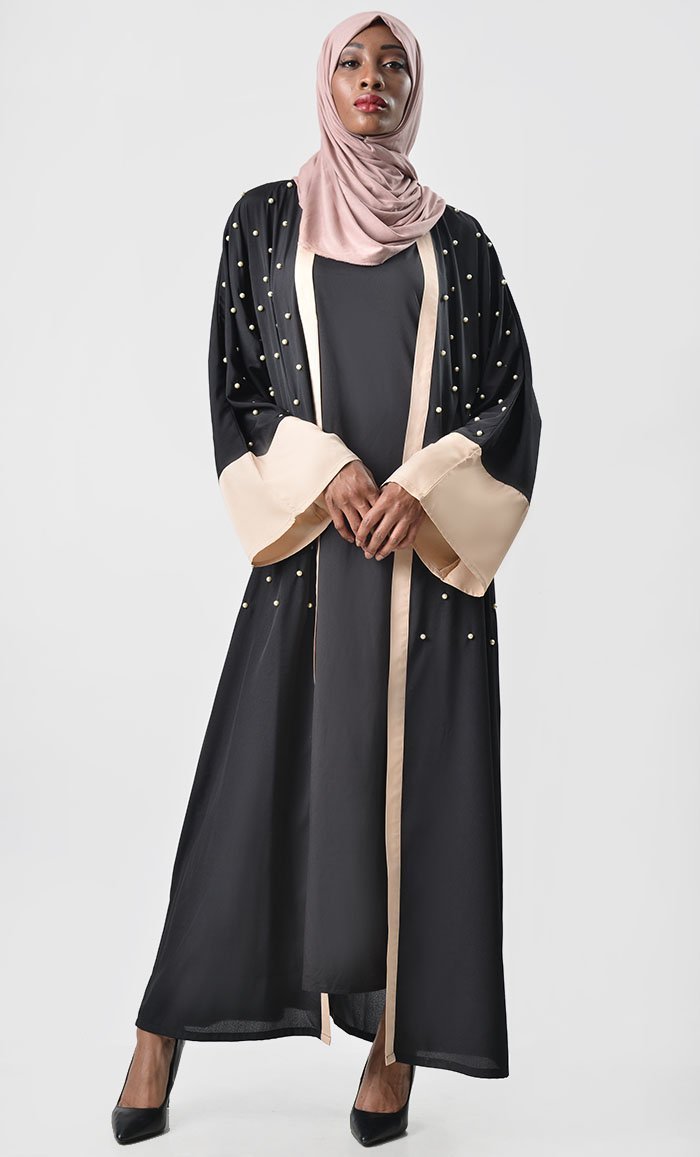 Women's 2pc Pearl Detail Bisht Set - Black