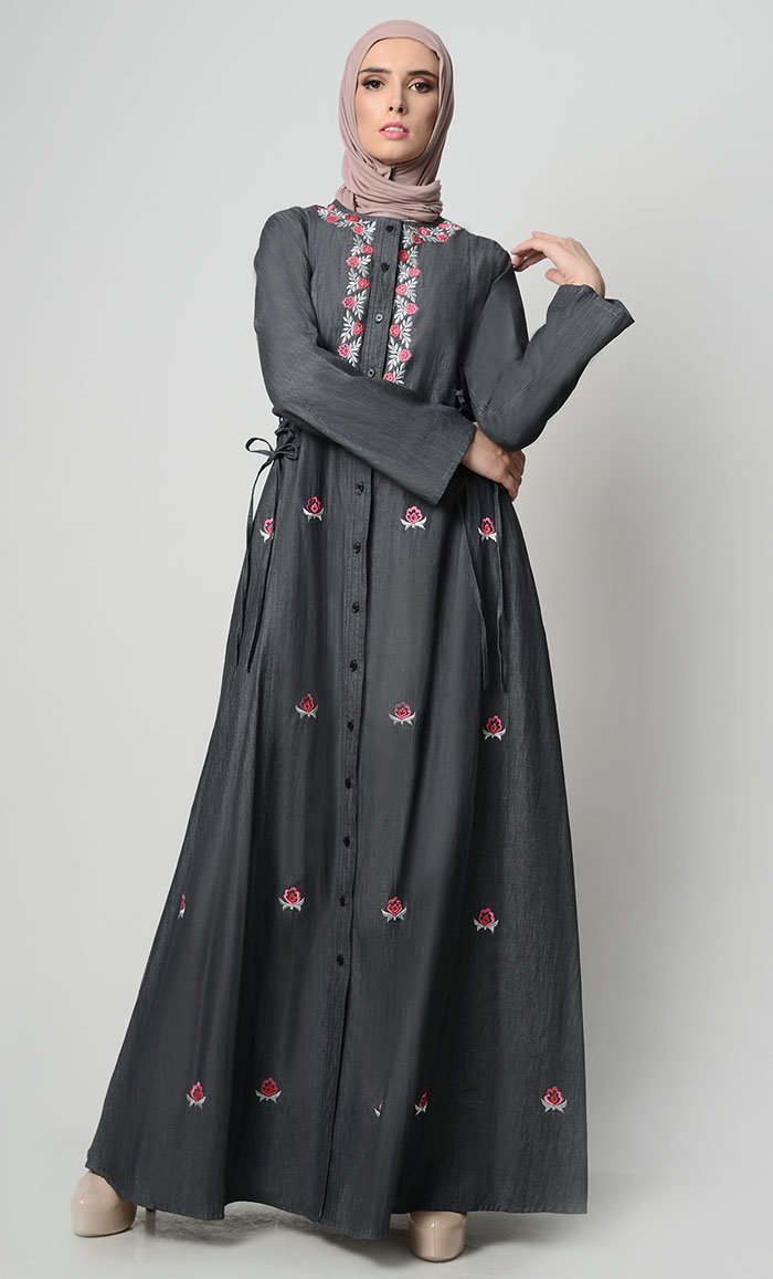 Overall Floral Motif Embroidered Abaya - Black