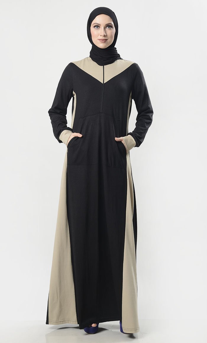 Front Zipper Jersey Modest Abaya With Pockets