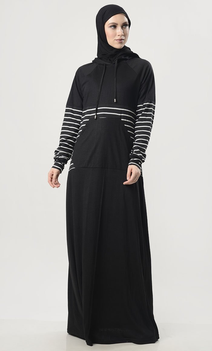 Black Hooded Abaya With Front Pocket-Black