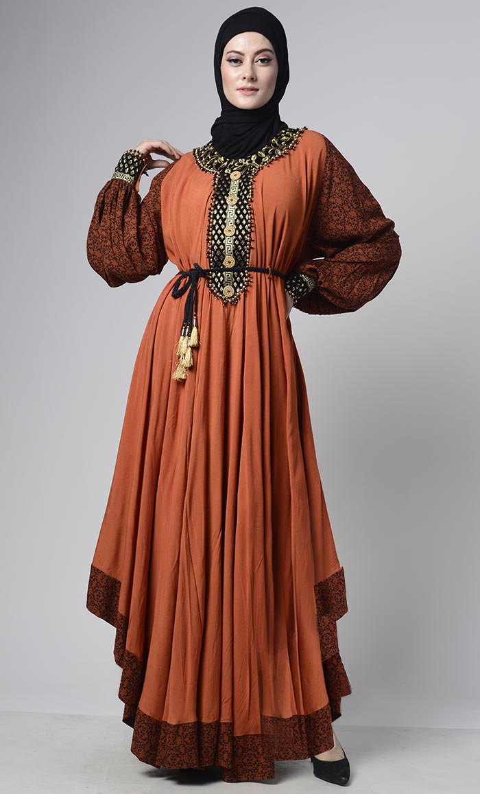 Elegant Rust Orange Abaya With Braided Belt