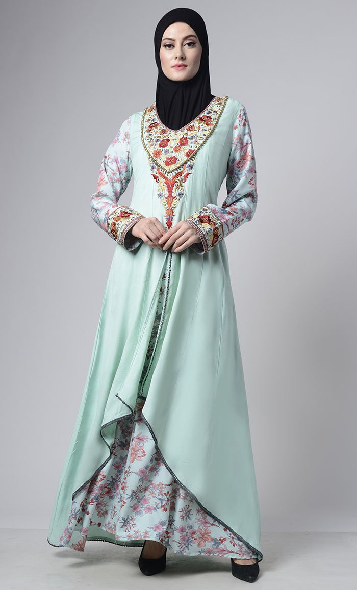 Double Layered Sea-Green Embroidered Abaya With Both Side Pockets