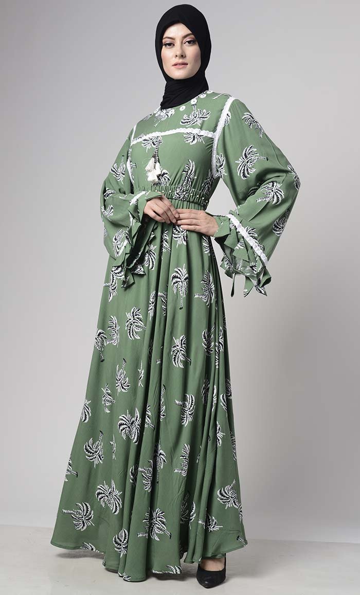 Tropical Printed Green Abaya With Loose Elastic Belt