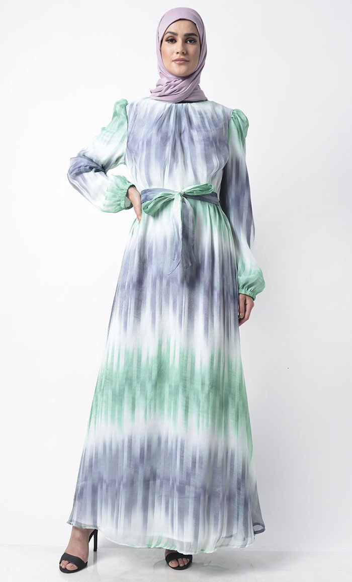 Gradiant Vibrant Spring Chiffon Printed Abaya Dress -Fully lined Modest